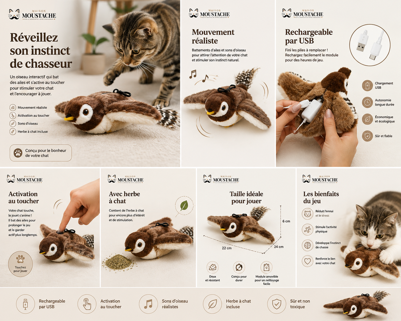 Oiseau Interactif Rechargeable pour Chat